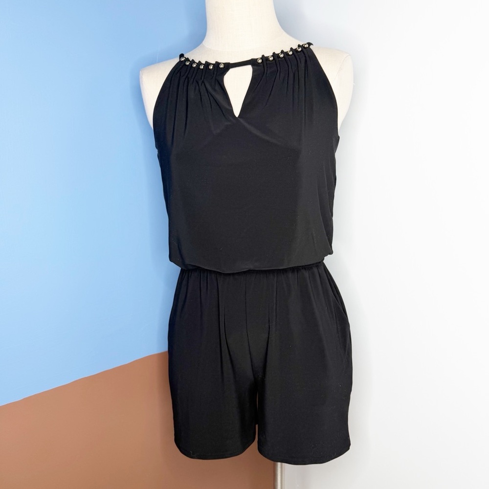 White House Black Market Black Halter Keyhole Romper Gold Bead Details Size XS
